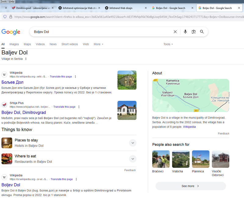 Deo odgovora na pitanja: Semantički označenoj veb stranici o Boljev Dolu Google je dodelio rang 2, odmah ispod Vikipedije.