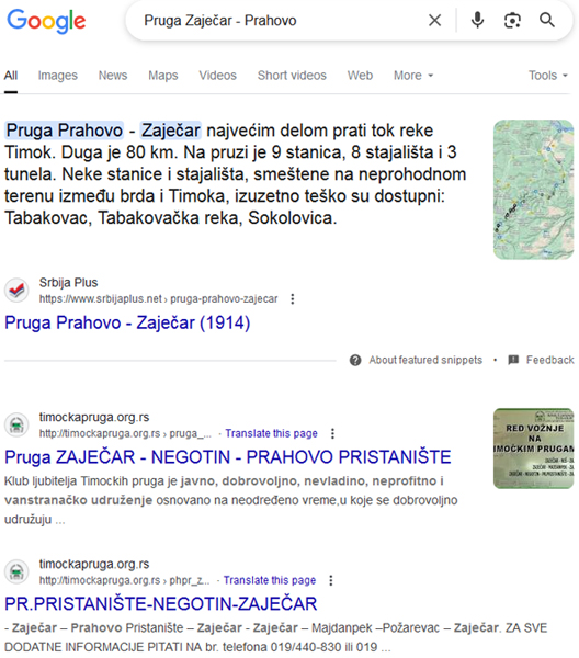 Deo teksta sa veb stranice Pruga Prahovo - Zaječar koji je Gugl prikazao u vodećem fragmentu rezultata pretraživanja.