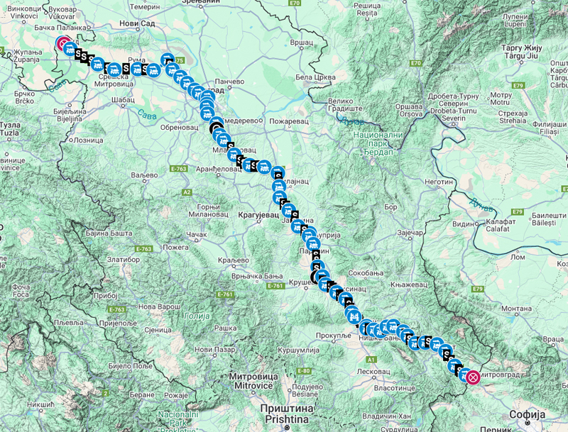 Mapa pruge Šid - Beograd - Niš - Dimitrovgrad